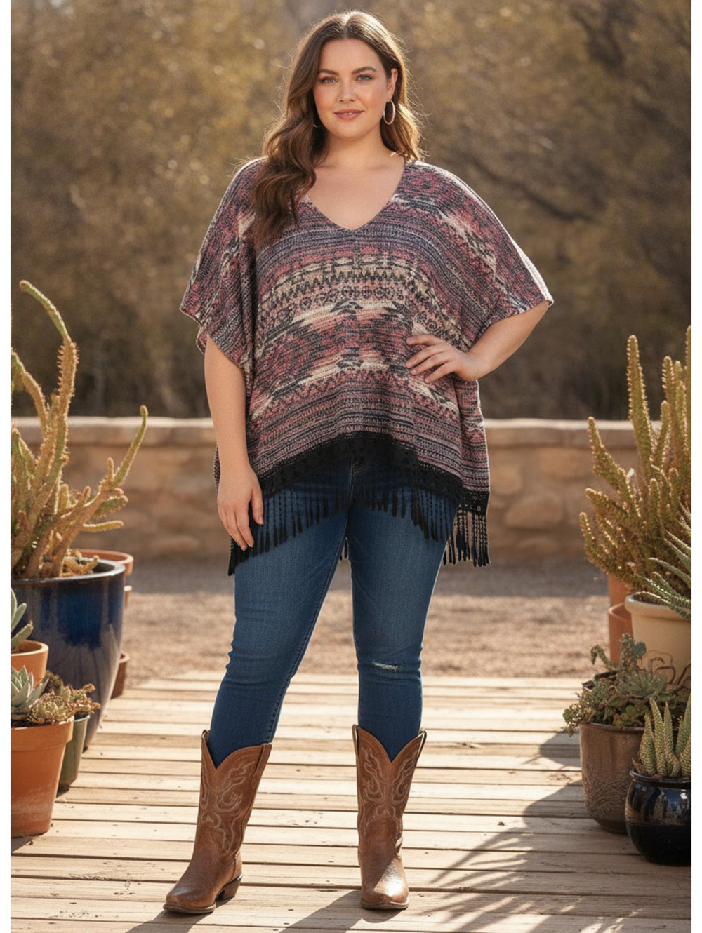 1562 - Almost Famous Women's Large Wine Aztec Pattern Fringe Poncho Top
